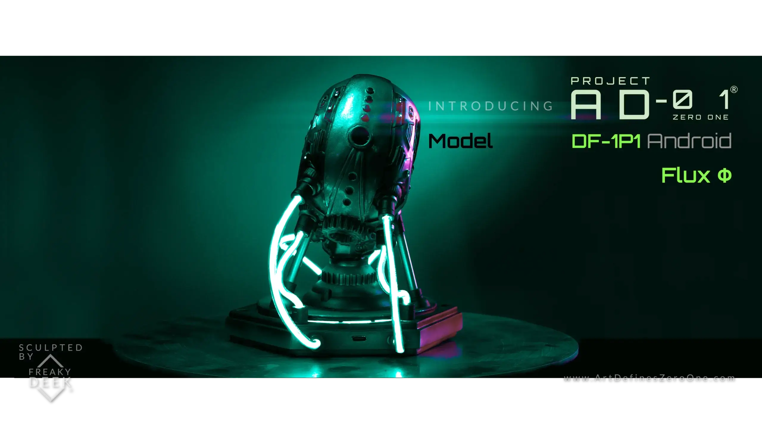 Project AD-01 handmade android sculpture Flux with green LED light back view