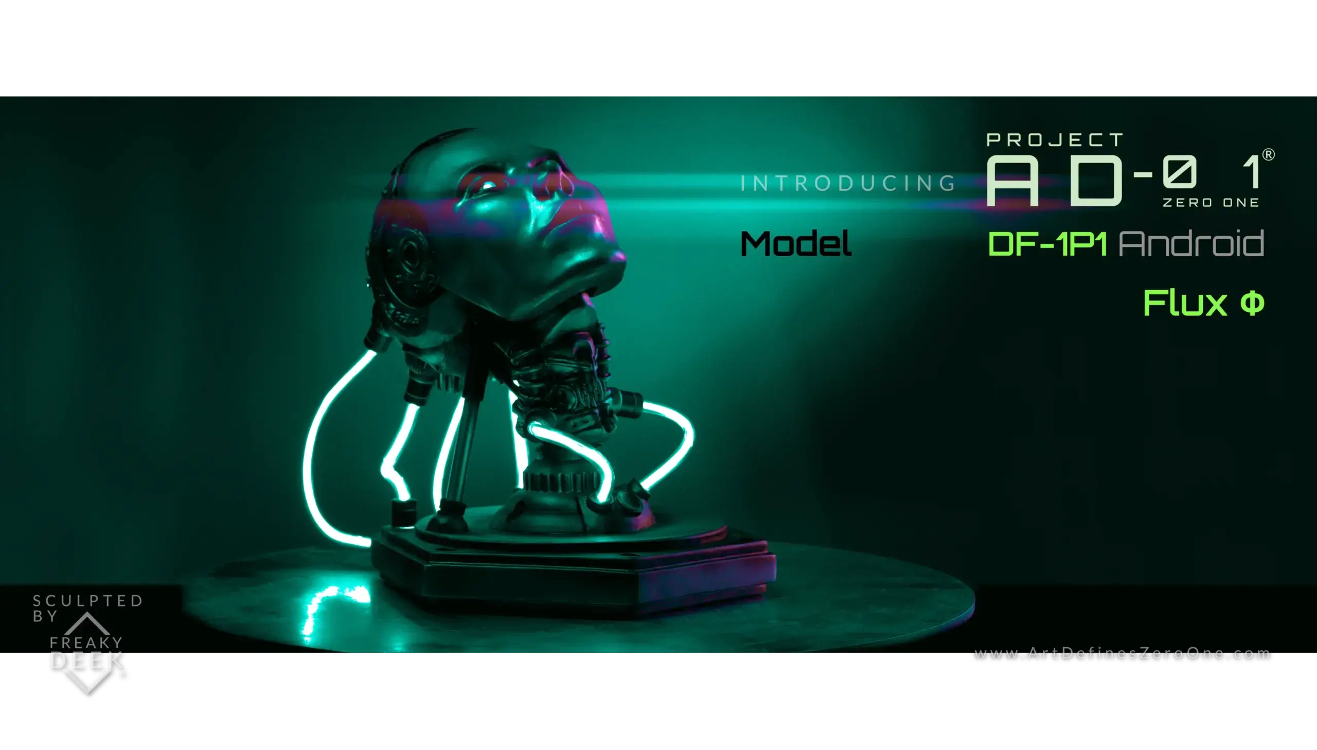 Project AD-01 handmade android sculpture Flux with green LED light front view