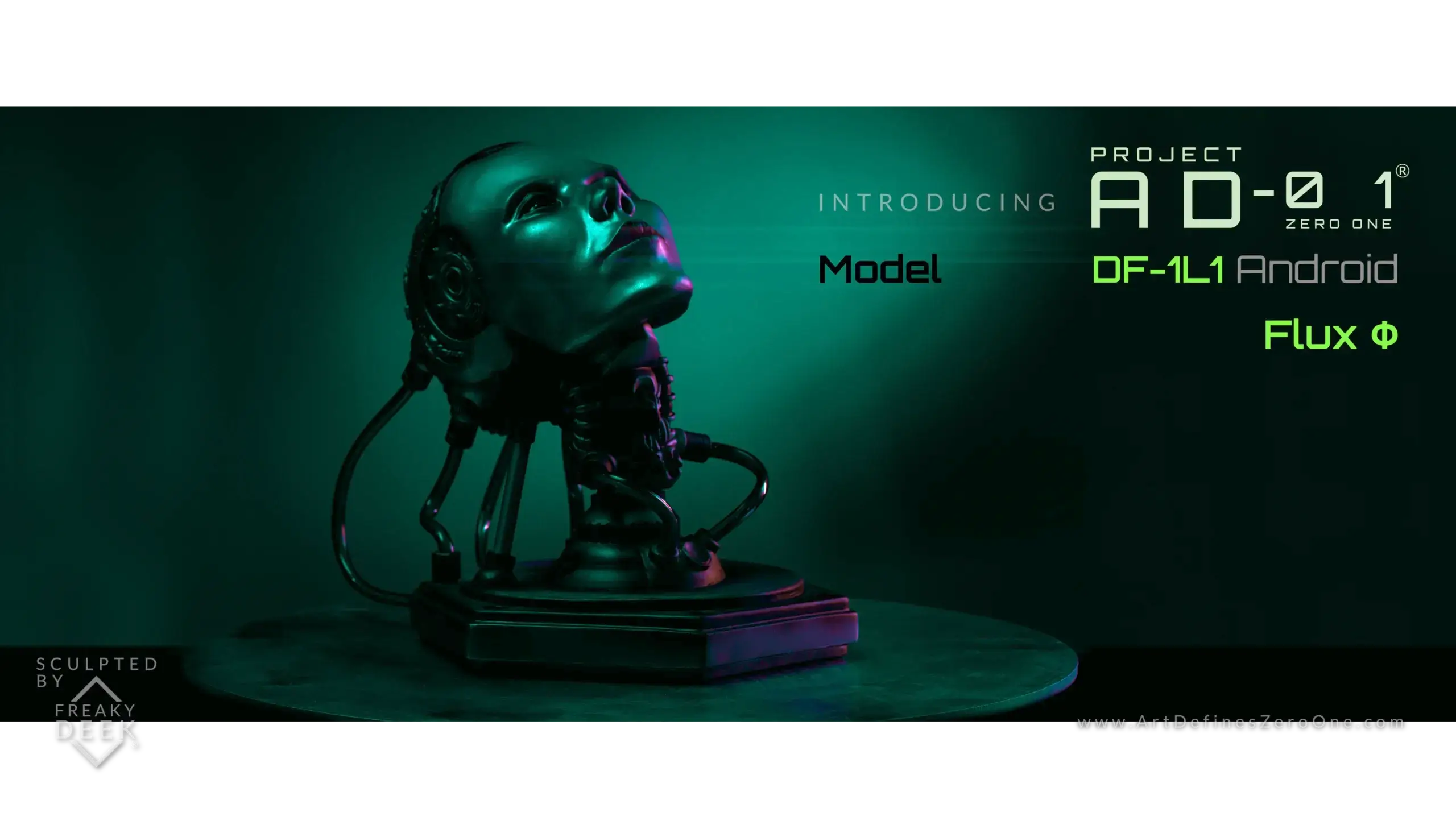 Project AD-01 handmade android green sculpture Flux front view