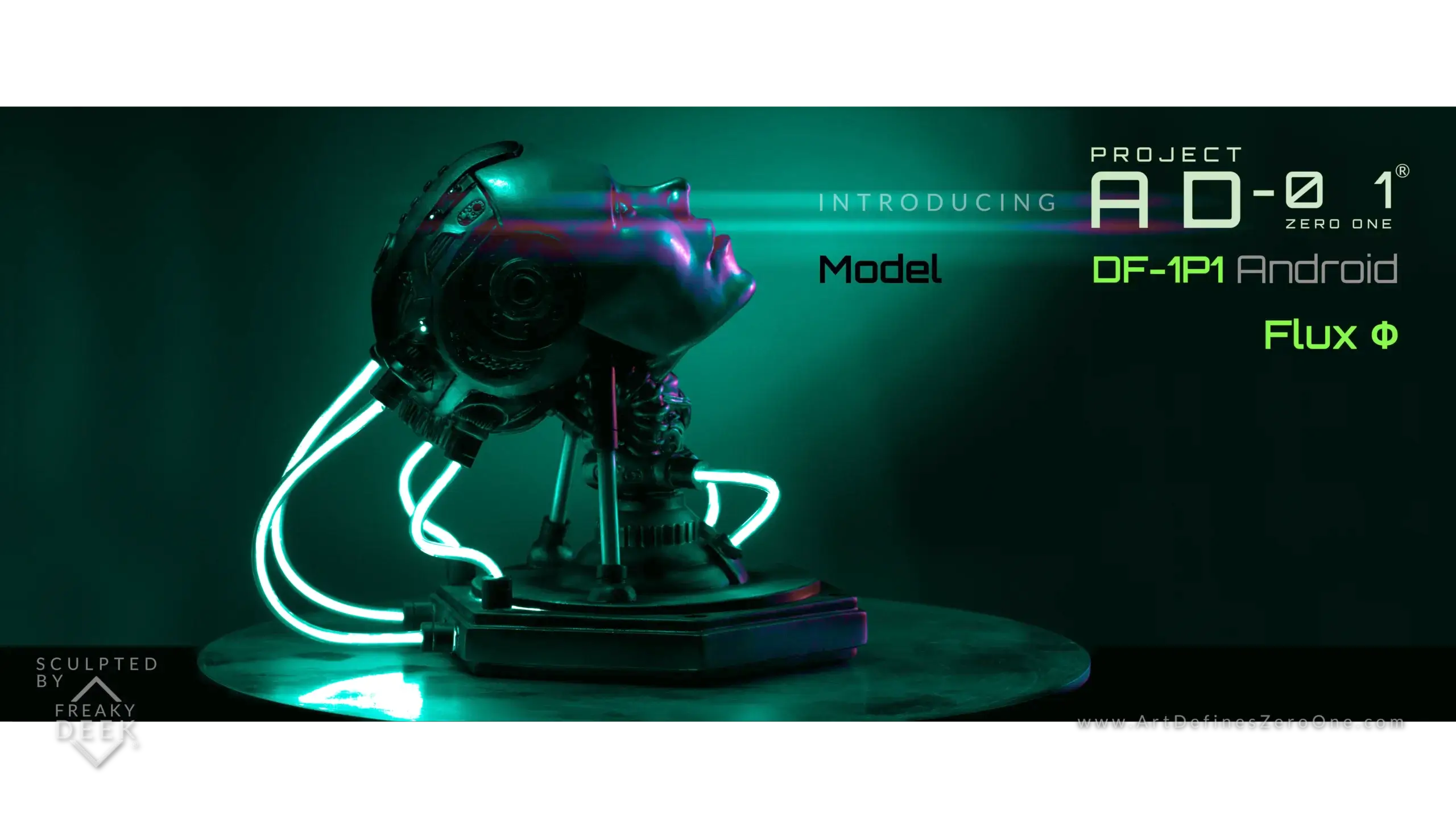 Project AD-01 handmade android sculpture Flux with green LED light side view