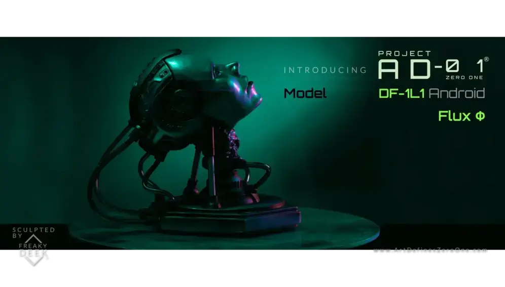 Project AD-01 handmade android green sculpture Flux side view