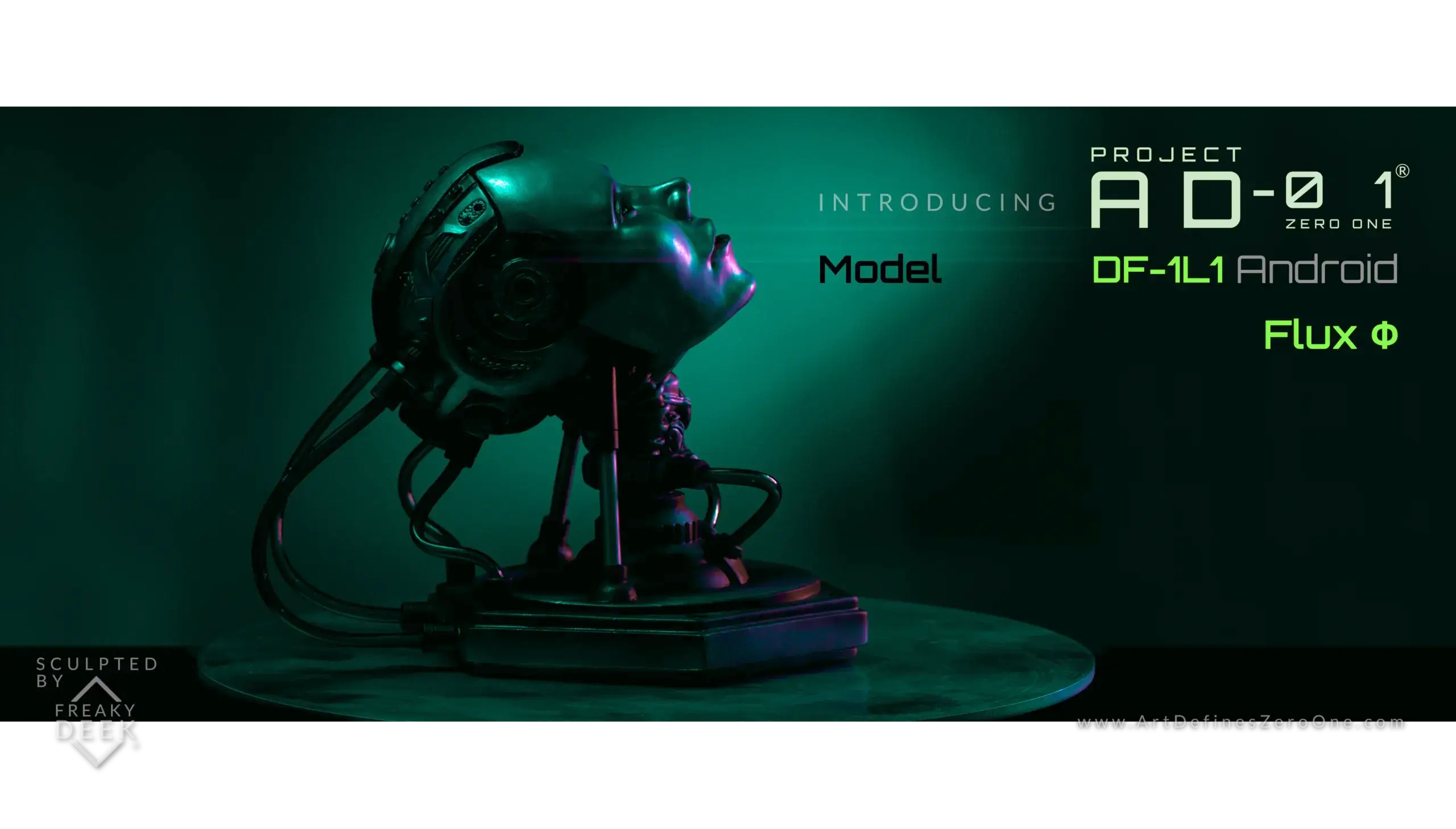 Project AD-01 handmade android green sculpture Flux side view