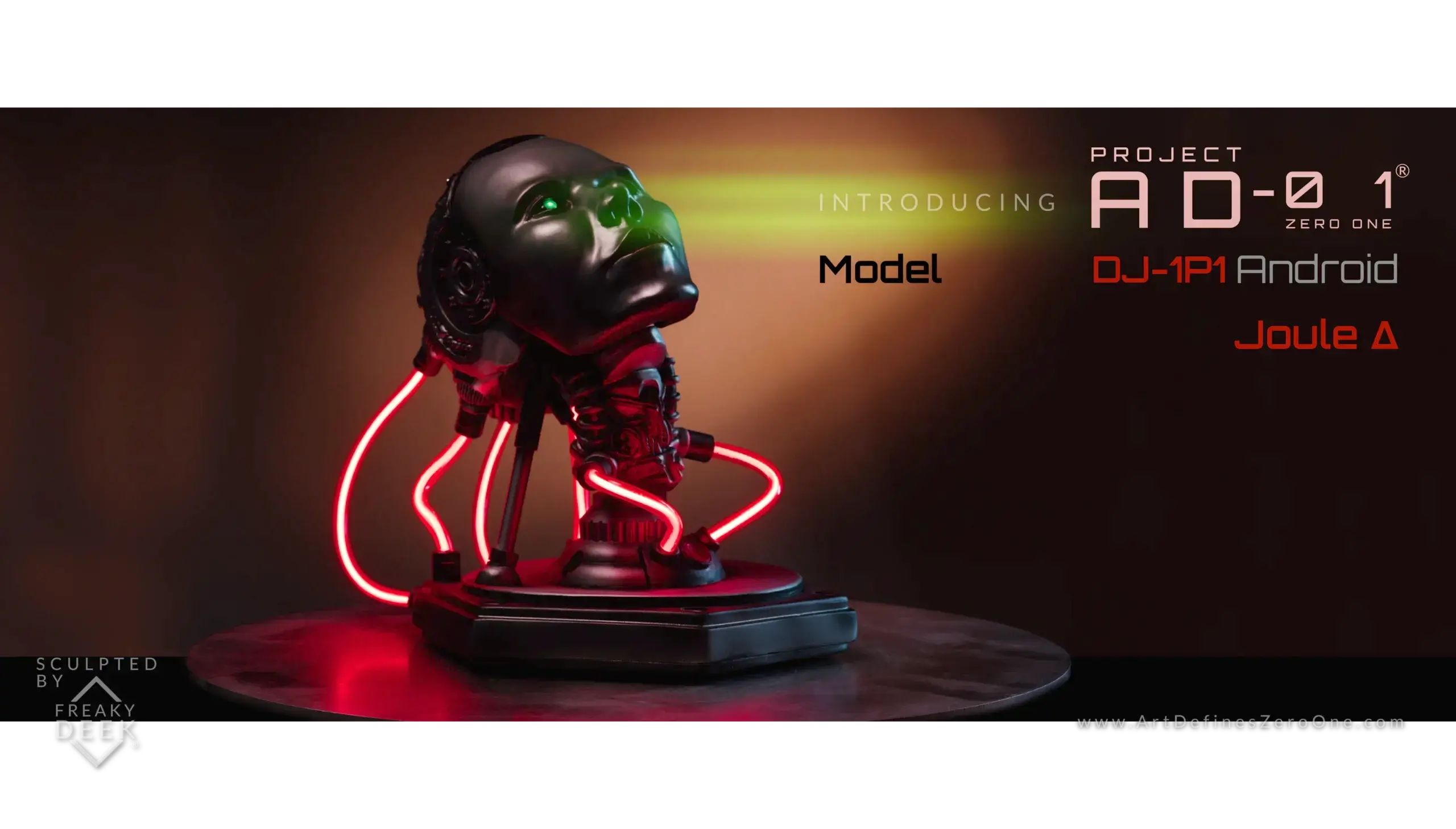 Project AD-01 handmade android sculpture Joule with red LED light front view