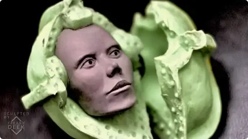 closeup of polymer clay sculpture mold of Project AD-01 sculpted by freaky-Deek, android face