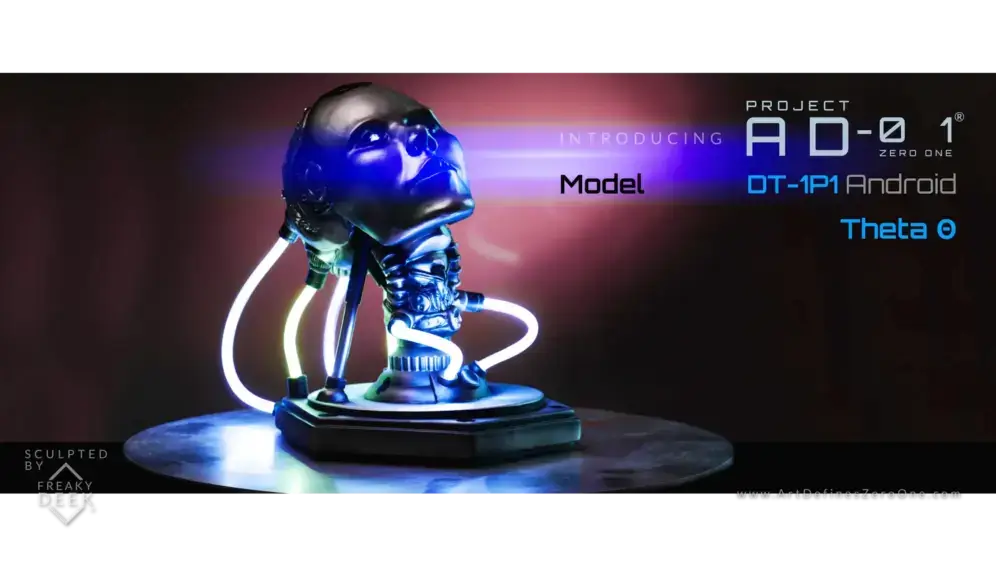 Project AD-01 Art Defines Zero One® Theta artwork, a stunning handmade android sculpture by artist freaky-Deek. Illuminated with captivating blue LED lights, this unique piece showcases a perfect blend of human craftsmanship and futuristic design.