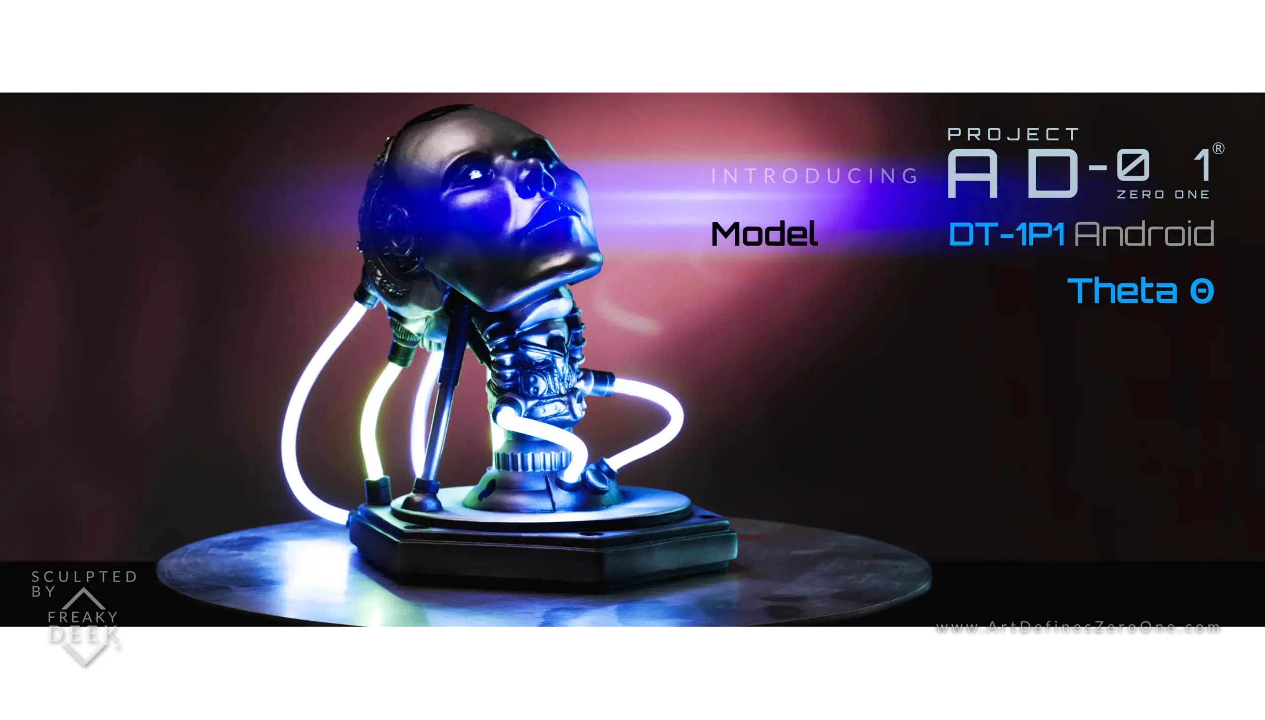 Project AD-01 handmade android sculpture Theta with LED light front view