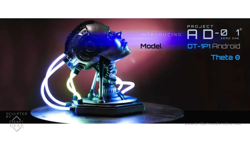 Project AD-01 handmade android sculpture Theta with LED light side view