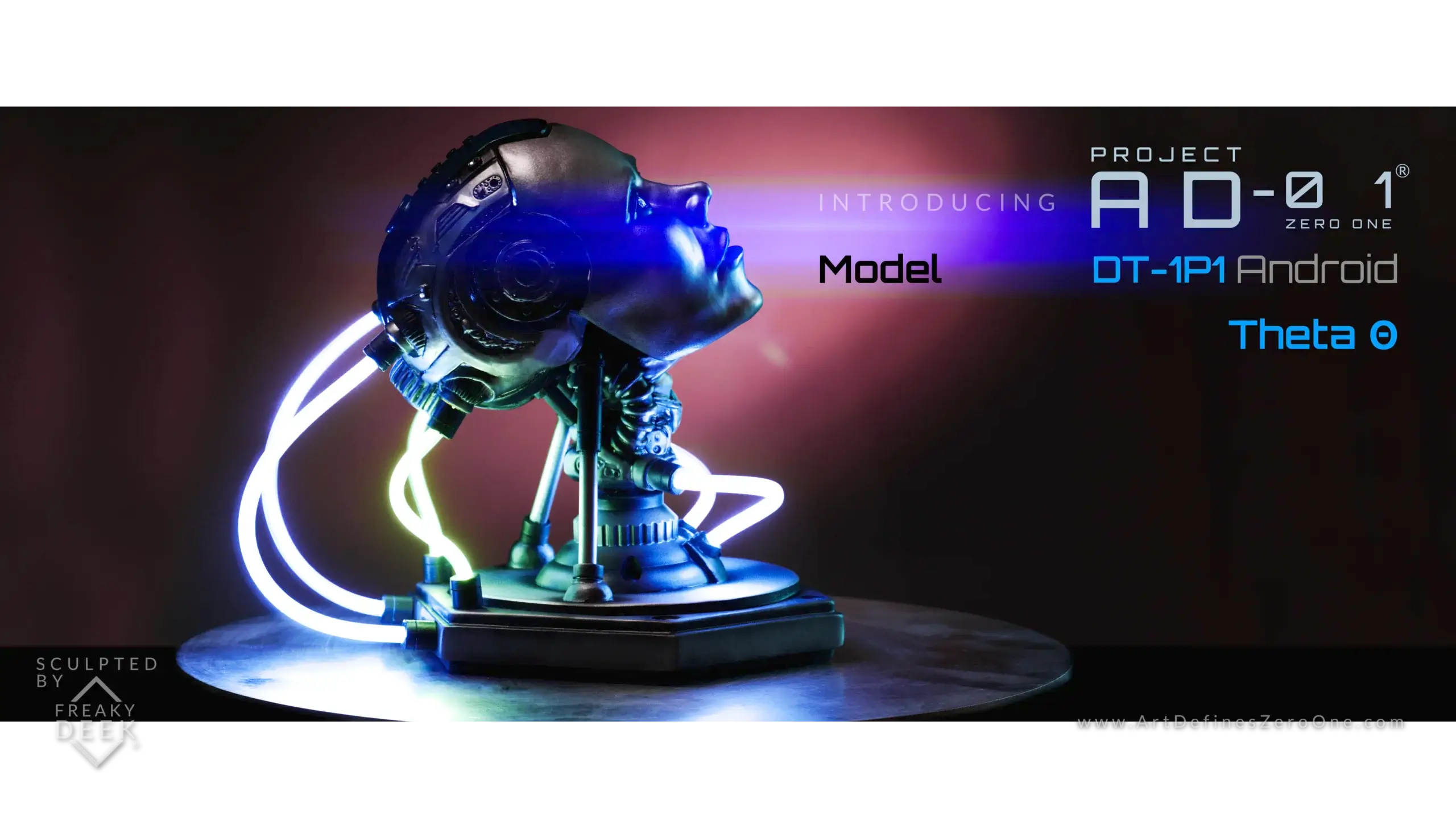 Project AD-01 handmade android sculpture Theta with LED light side view