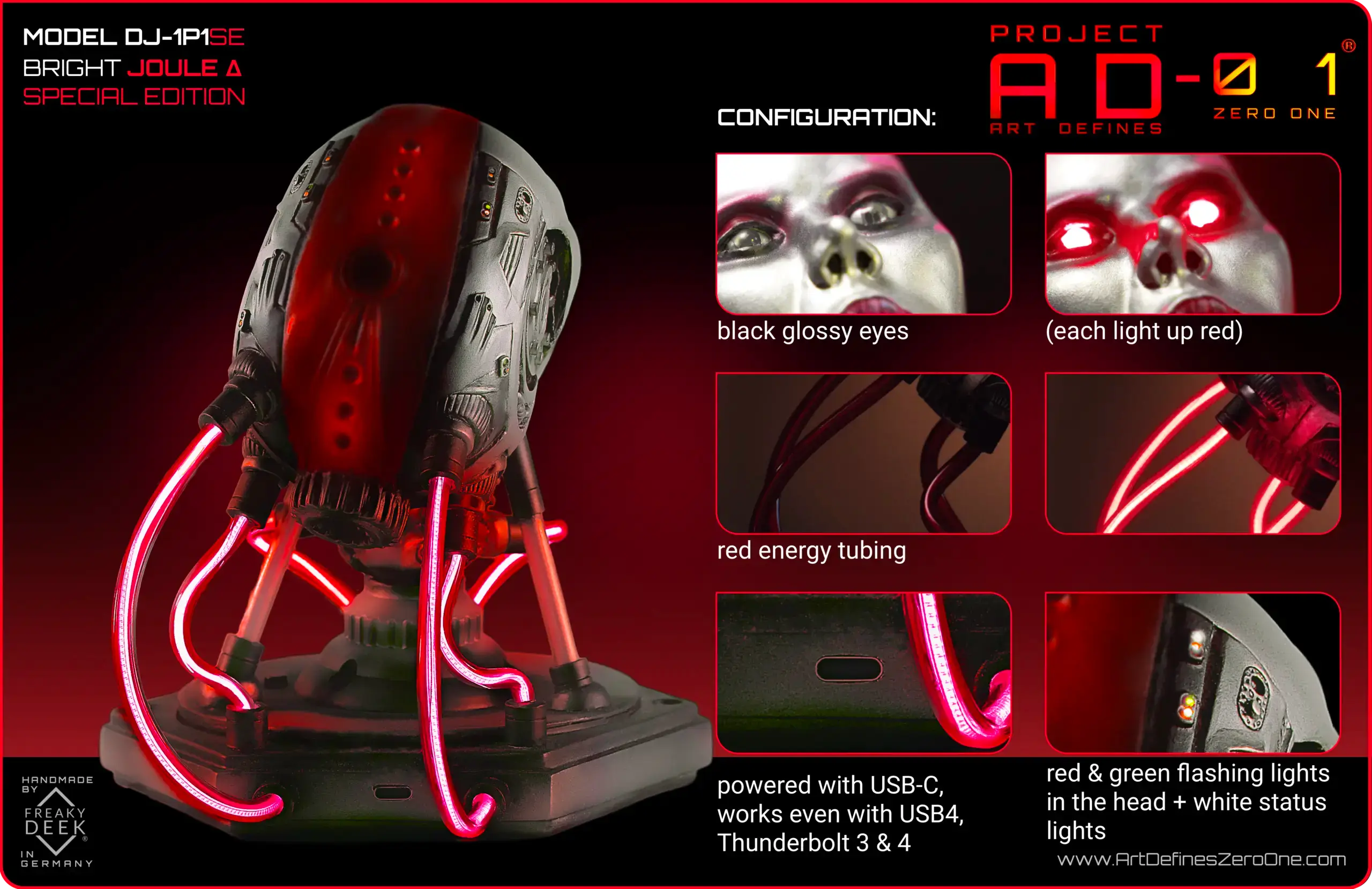 Project AD-01 handmade android sculpture Joule with red LED energy tubes, product configuration: silver, humanized LED eyes, with electronics, USB-C, red metallic design, flashing LEDs, weight: apx. 800g