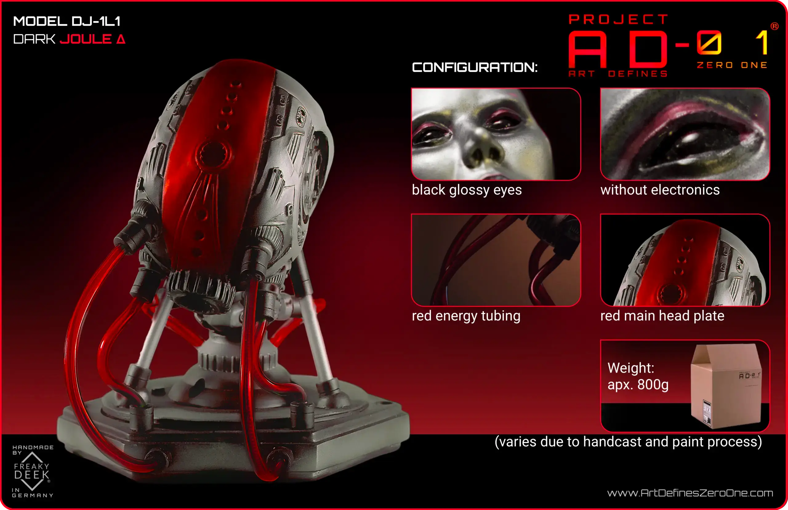 Project AD-01 DJ-1L1 handmade android sculpture Joule with red energy tubes, product configuration: black glossy eyes, without electronics, red metallic design, weight: apx. 800g