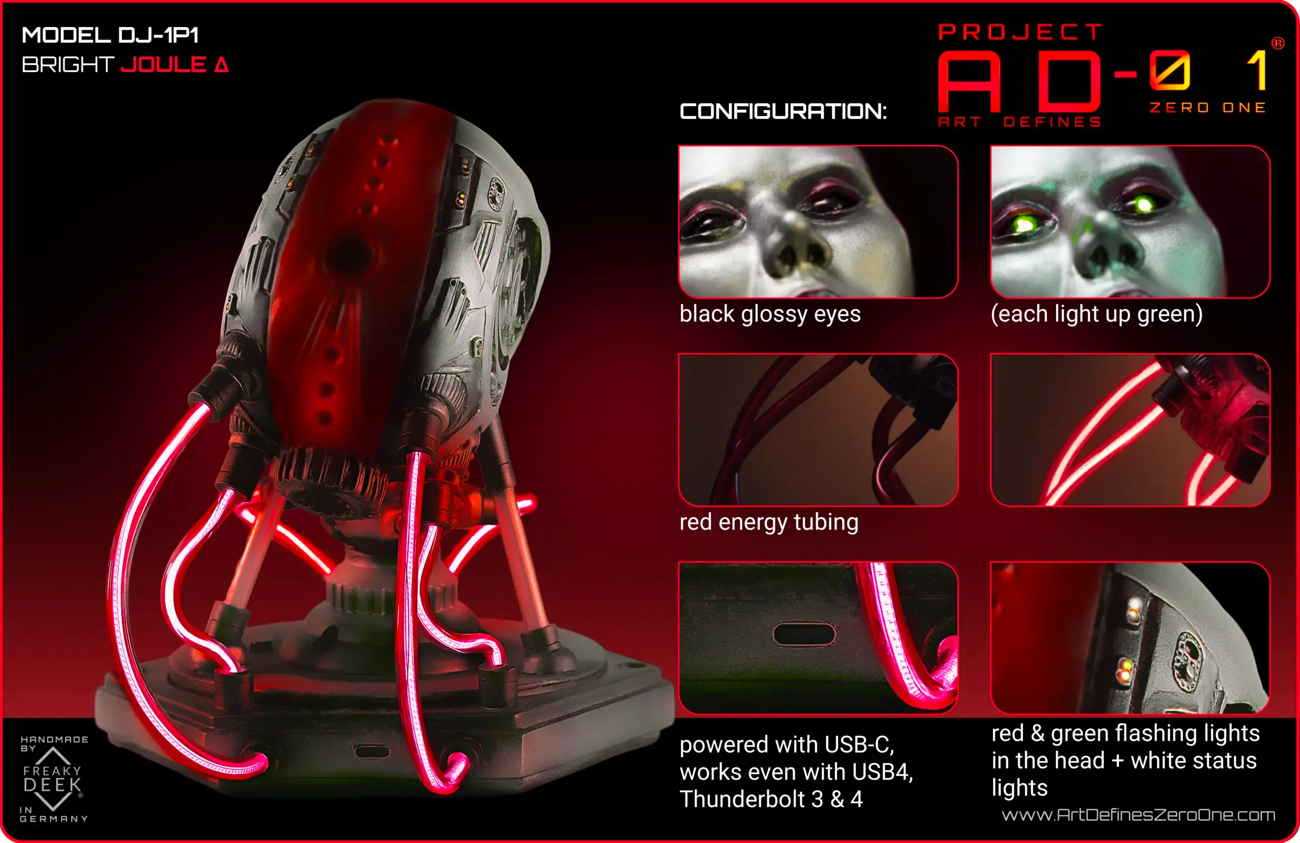 Project AD-01 DJ-1P1 handmade android sculpture bright Joule with red LED energy tubes, product configuration: black glossy LED eyes, with electronics, USB-C, red metallic design, flashing LEDs, weight: apx. 800g