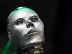 Project AD-01 handmade android sculpture Flux Closeup picture with silver eyes, green light