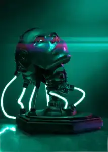 Project AD-01 handmade android sculpture Flux with green LED light front view