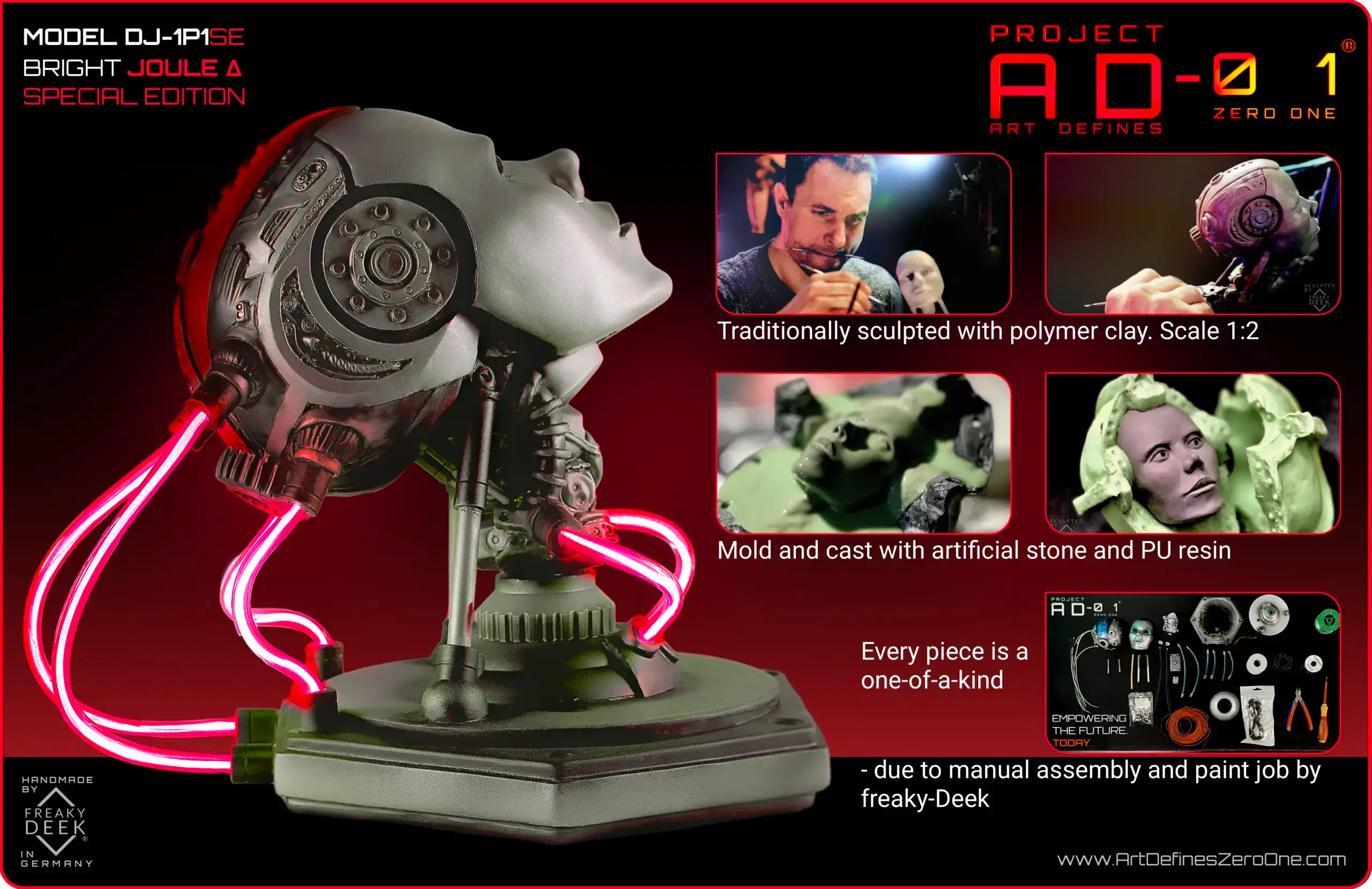 Project AD-01 handmade android sculpture bright Joule Special Edition with red LED energy tubes, product details: traditionally sculpted with polymer clay, scale 1:2, mold and cast by hand with polystone and PU resin, handpainted and assembled