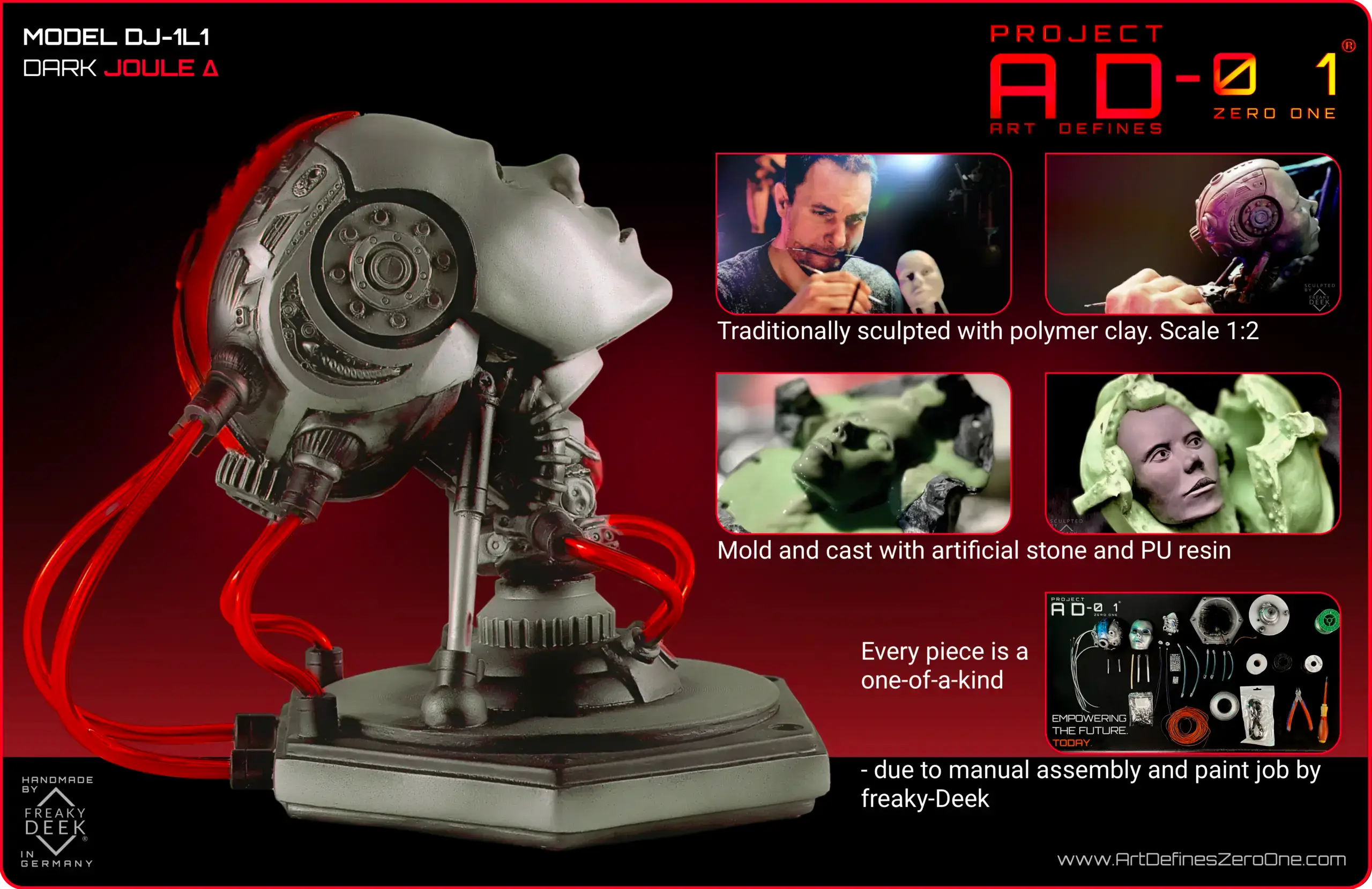 Project AD-01 DJ-1L1 handmade android sculpture dark Joule with red energy tubes, product details: traditionally sculpted with polymer clay, scale 1:2, mold and cast by hand with polystone and PU resin, handpainted and assembled by freaky-Deek