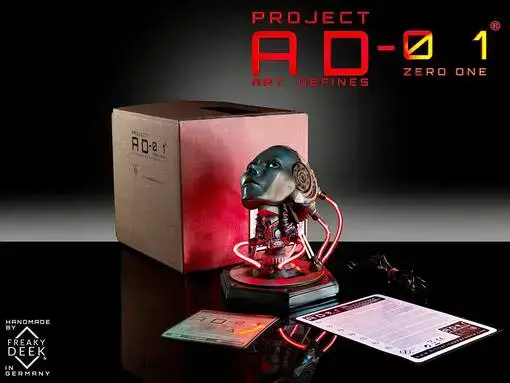 Shipping content of Project AD-01 JOULE handmade sculpture bust with USB cable, android, instructions manual. and signed certificate of authenticity, LED light bust