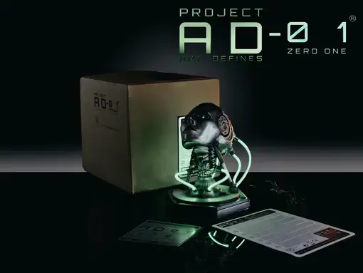 Shipping content of Project AD-01 FLUX handmade sculpture bust with USB cable, android, instructions manual. and signed certificate of authenticity, LED light bust