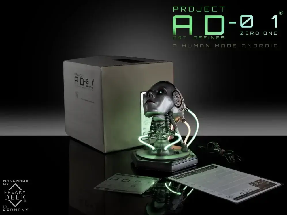 PROJECT AD-01 FLUX Delivery Content Shipping content of Project AD-01 FLUX handmade sculpture bust with USB cable, android, instructions manual. and signed certificate of authenticity, LED light artwork sculpture handmade by freaky-Deek