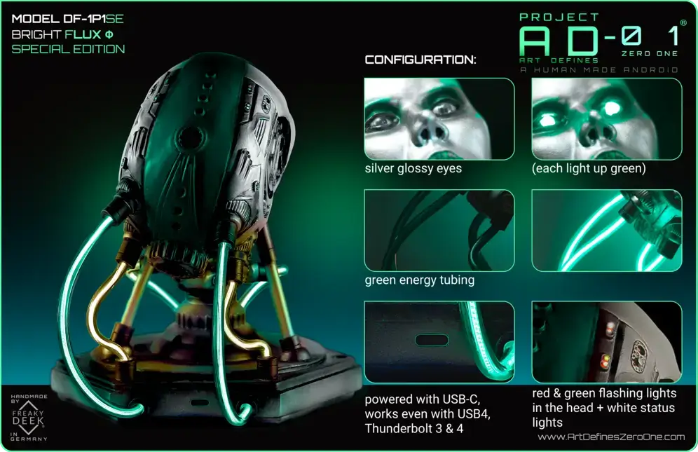Project AD-01 handmade android art desk sculpture Flux with green LED energy tubes, product configuration: black glossy orange LED eyes, with electronics, USB-C, green metallic design, flashing LEDs, weight: apx. 800g