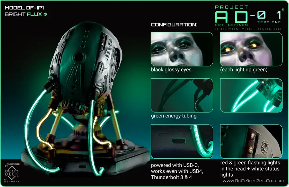 Project AD-01 handmade android art desk sculpture Flux with green LED energy tubes, product configuration: black glossy orange LED eyes, with electronics, USB-C, green metallic design, flashing LEDs, weight: apx. 800g