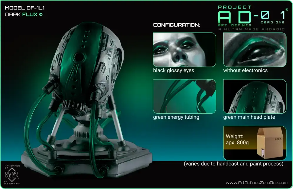 Project AD-01 handmade android sculpture Flux with green energy tubes, product configuration: black glossy eyes, without electronics, green metallic design, weight: apx. 800g