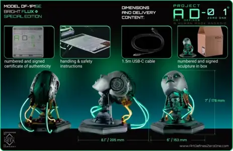 Project AD-01 handmade android sculpture Flux Special Edition LED desk art lamp with green LED energy tubes from all angles with dimensions and delivery content handsculpted by traditional sculptor freaky-Deek