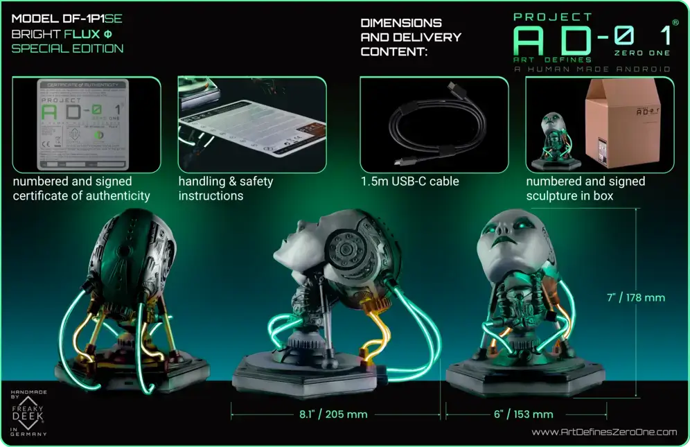 Project AD-01 handmade android sculpture Flux Special Edition LED desk art lamp with green LED energy tubes from all angles with dimensions and delivery content handsculpted by traditional sculptor freaky-Deek