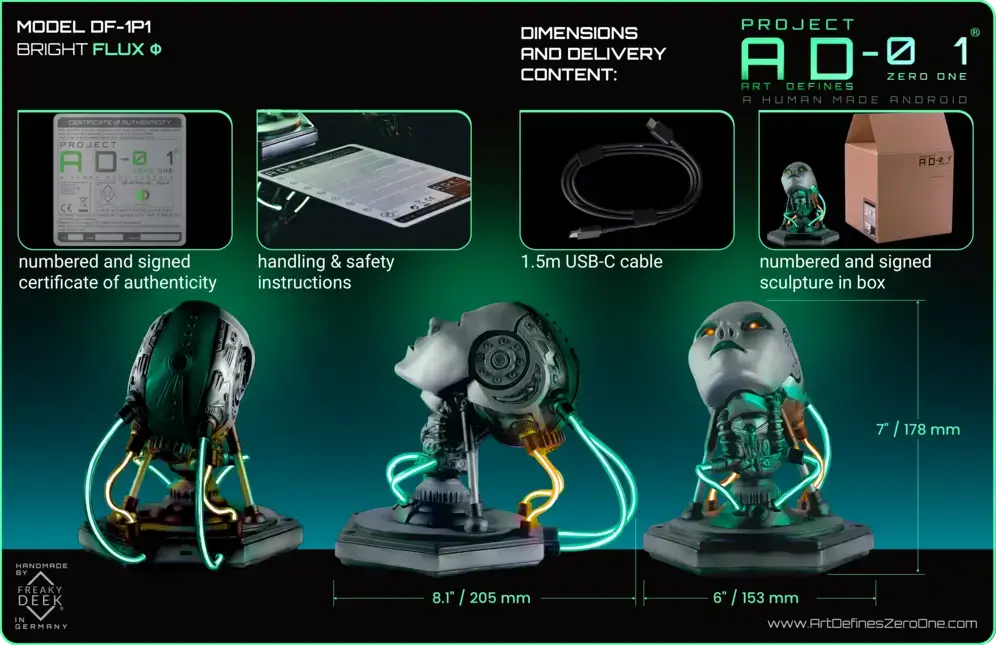 Project AD-01 handmade android sculpture Flux LED desk art lamp with green LED energy tubes from all angles with dimensions and delivery content handsculpted by traditional sculptor freaky-Deek