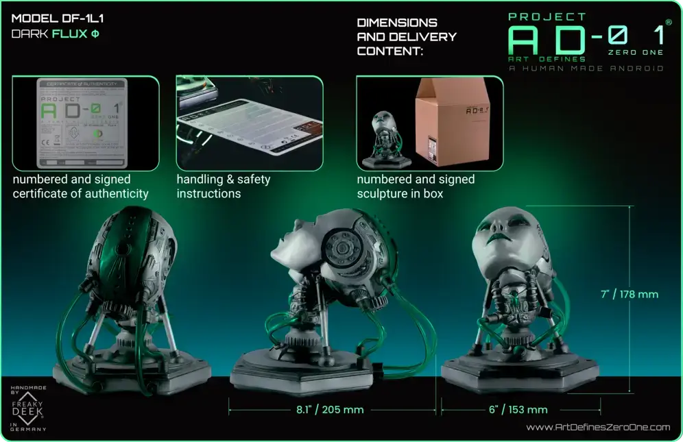 Project AD-01 handmade android sculpture Flux with green energy tubes from all angles with dimensions and delivery content handsculpted by traditional sculptor freaky-Deek