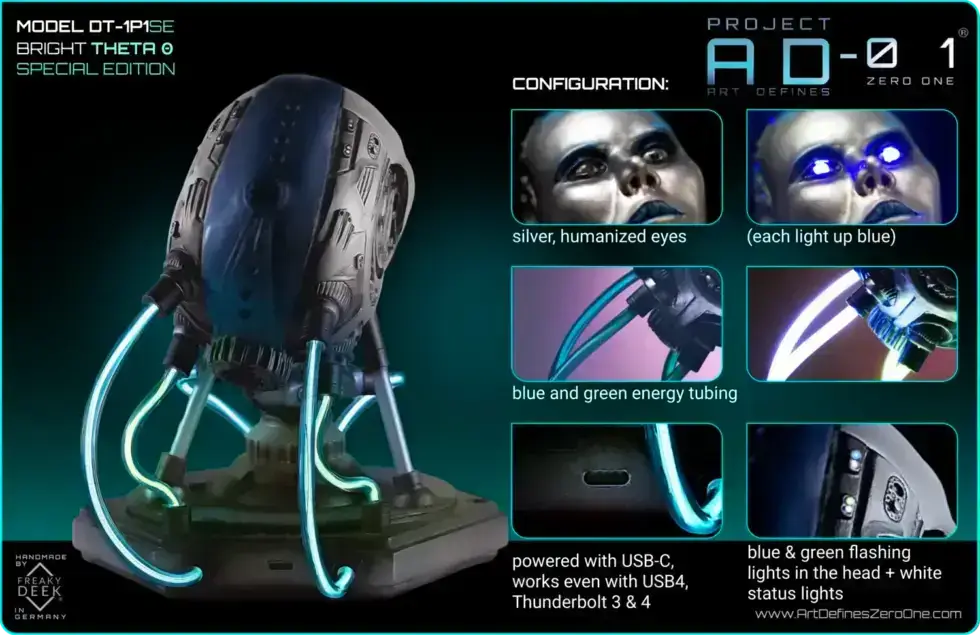 Project AD-01 handmade android sculpture Theta with blue LED energy tubes, product configuration: silver, humanized LED eyes, with electronics, USB-C, blue metallic design, flashing LEDs, weight: apx. 800g
