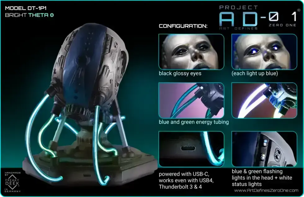 Project AD-01 handmade android art desk sculpture Theta with blue LED energy tubes, product configuration: black glossy blue LED eyes, with electronics, USB-C, blue metallic design, flashing LEDs, weight: apx. 800g