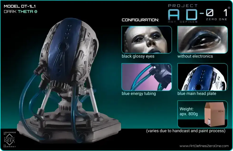 Project AD-01 DT-1L1 handmade android sculpture Theta with blue energy tubes, product configuration: black glossy eyes, without electronics, blue metallic design, weight: apx. 800g