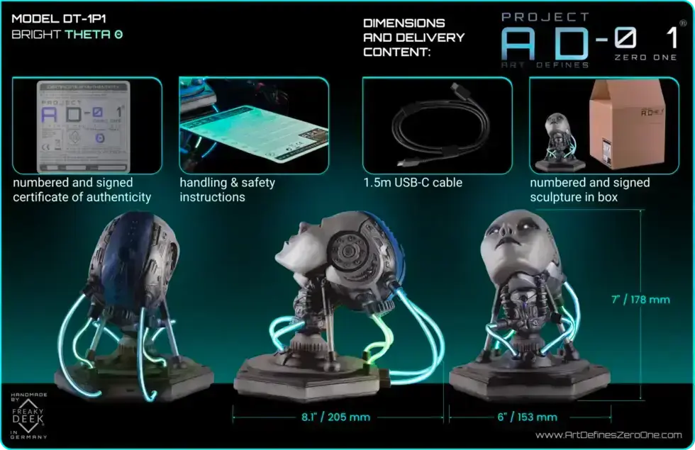 Project AD-01 handmade android sculpture Theta LED desk art lamp with blue LED energy tubes from all angles with dimensions and delivery content handsculpted by traditional sculptor freaky-Deek