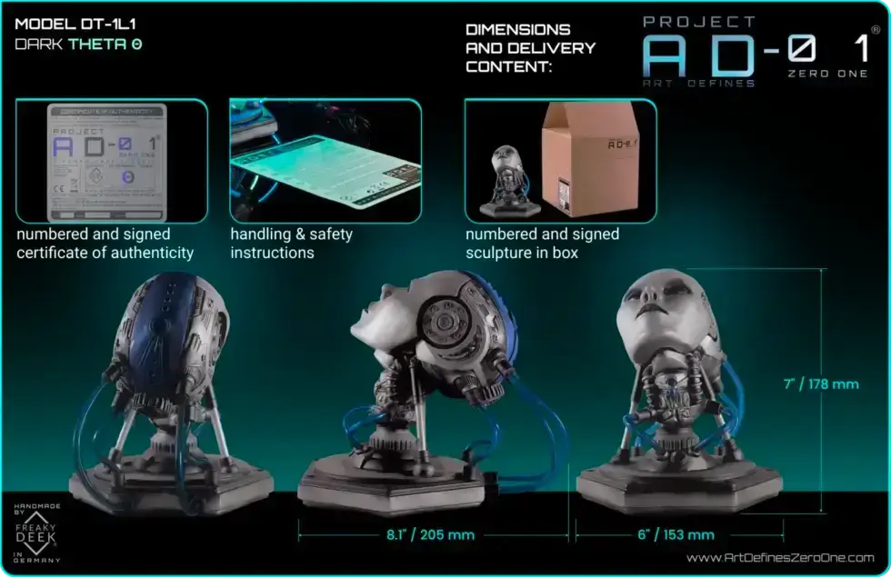 Project AD-01 handmade android sculpture Dark Theta with blue energy tubes from all angles with dimensions and delivery content handsculpted by traditional sculptor freaky-Deek