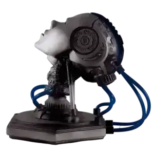 Project AD-01 handmade android LED art sculpture Theta with blue LED light up - handmade by artist freaky-Deek The image shows a handmade art sculpture titled “Theta,” created by artist Freaky Deek. The sculpture depicts a futuristic android with a sleek, metallic design. Blue LED lights illuminate various parts of the android’s body, especially its head and chest, giving the figure a glowing, ethereal appearance. The intricate details and smooth surfaces of the sculpture are enhanced by the vibrant blue lighting, standing out against the plain background.