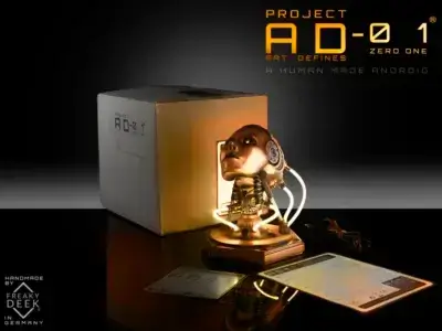 Shipping content of Project AD-01 AURUM X handmade sculpture bust with USB cable, android, instructions manual. and signed certificate of authenticity, LED light artwork sculpture handmade by freaky-Deek
