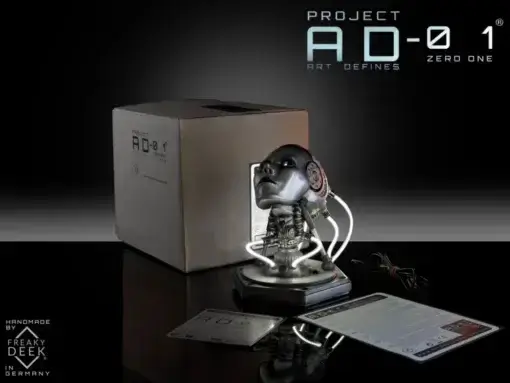Shipping content of Project AD-01 OMEGA handmade sculpture bust with USB cable, android, instructions manual. and signed certificate of authenticity, LED light artwork sculpture handmade by freaky-Deek