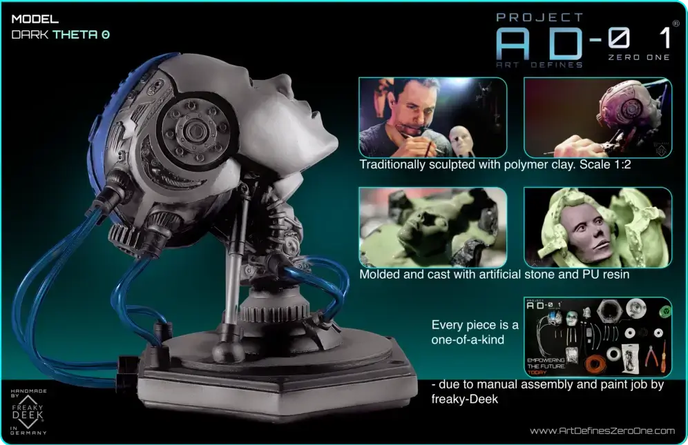 Project AD-01 DT-1L1 handmade android sculpture dark Theta with blue energy tubes, product details: traditionally sculpted with polymer clay, scale 1:2, mold and cast by hand with polystone and PU resin, handpainted and assembled by freaky-Deek