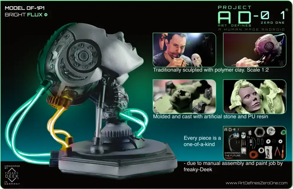 Project AD-01 handmade android LED art sculpture Flux with green LED energy tubes, product details: traditionally sculpted with polymer clay, scale 1:2, mold and cast by hand with polystone and PU resin, handpainted and assembled and is a handsculpted artwork by traditional sculptor freaky-Deek
