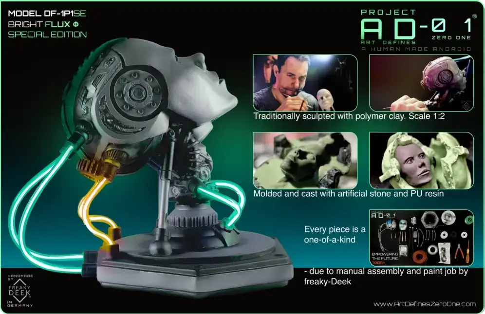Project AD-01 handmade android LED desk art sculpture Flux with green LED energy tubes, product details: traditionally sculpted with polymer clay, scale 1:2, mold and cast by hand with polystone and PU resin, handpainted and assembled