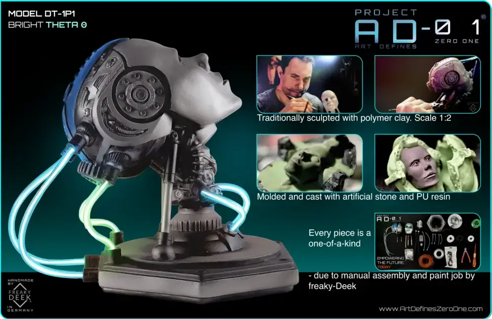 Project AD-01 handmade android sculpture Theta with blue LED energy tubes, product details: traditionally sculpted with polymer clay, scale 1:2, mold and cast by hand with polystone and PU resin, handpainted and assembled