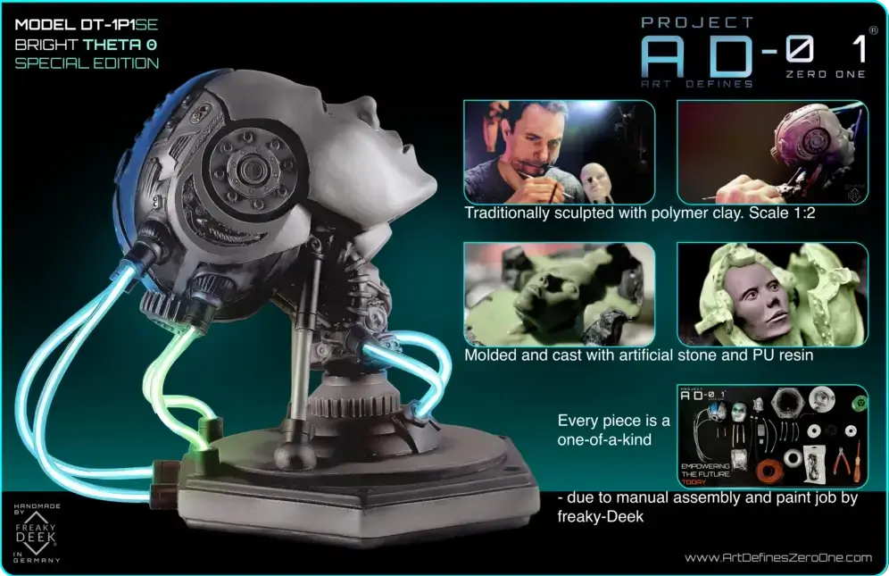 Project AD-01 handmade android sculpture Theta with blue LED energy tubes, product details: traditionally sculpted with polymer clay, scale 1:2, mold and cast by hand with polystone and PU resin, handpainted and assembled
