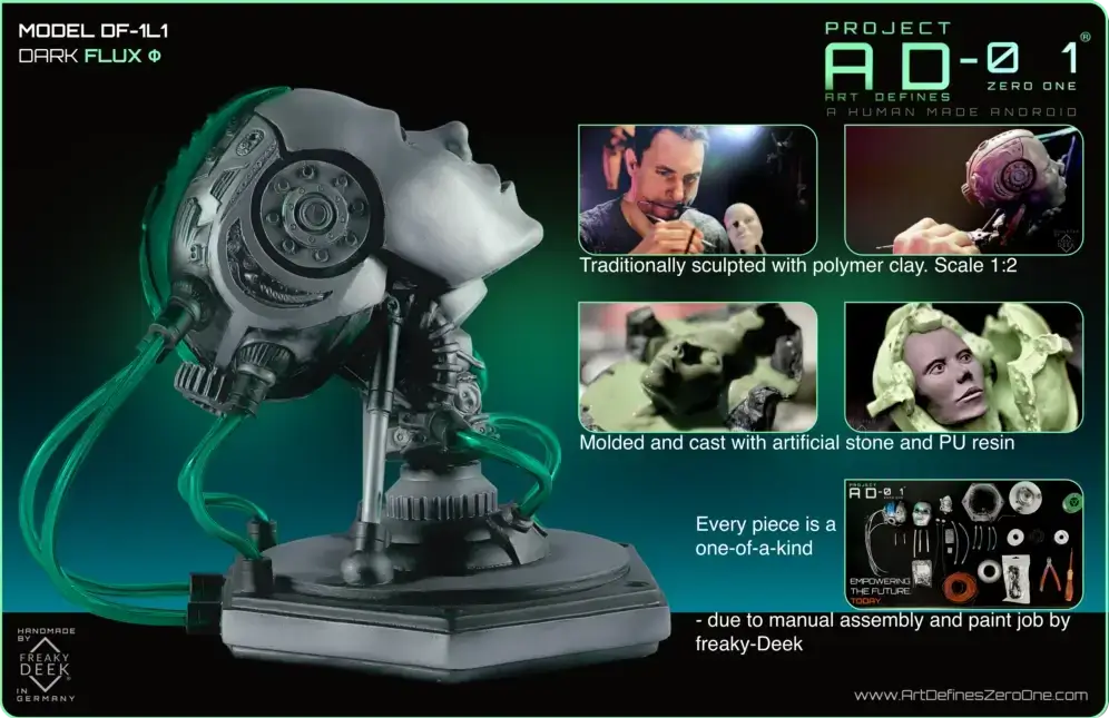 Project AD-01 handmade android sculpture Flux with green energy tubes, product details: traditionally sculpted with polymer clay, scale 1:2, mold and cast by hand with polystone and PU resin, handpainted and assembled