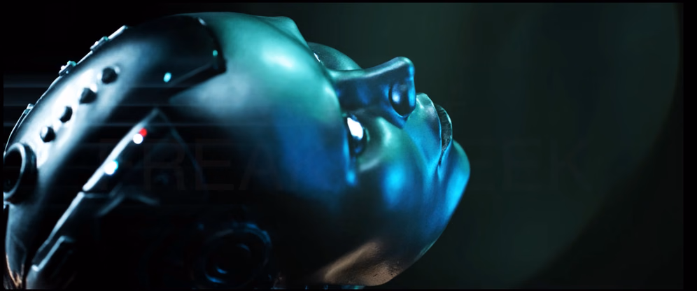 A striking handmade android sculpture, Project AD-01, displays a female robot with white lit-up eyes and white LED illumination by freaky-Deek.